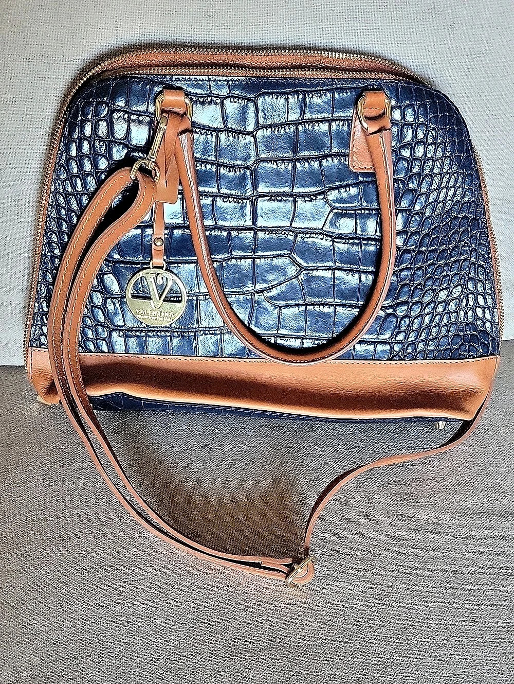 Valentina Crocodile-Embossed Satchel in Blue & Brown